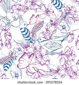 Vintage garden spring seamless pattern. Pink flowers blooming branches of cherry, apple trees, peach birds, feathers and butterflies, Vector botanical illustration. 