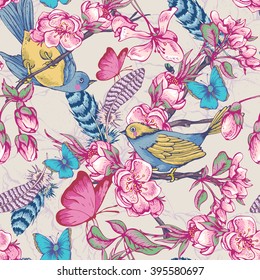 Vintage garden spring seamless pattern. Pink flowers blooming branches of cherry, apple trees, peach birds, feathers and butterflies, Vector botanical illustration. 
