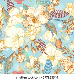 Vintage garden spring seamless pattern. Flowers blooming branches of cherry, flowers apple trees, peach, feathers and butterflies, Vector botanical pattern. 