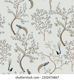 Vintage Garden Tree, Bird  Floral Seamless Pattern Grey Background. Exotic Chinoiserie Wallpaper.