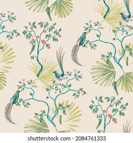 Vintage garden tree, bird, palm leaves floral seamless pattern light background. Chinoiserie wallpaper.