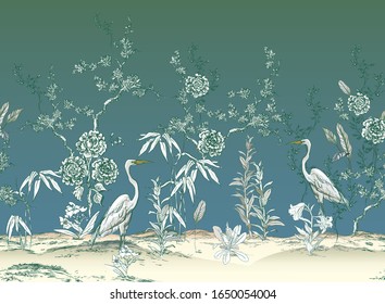 Vintage Garden Tree, Chinoiserie Exotic Crane Birds in Floral Seamless Border, White on Blue Background, Chinese Traditional Mural Wallpaper