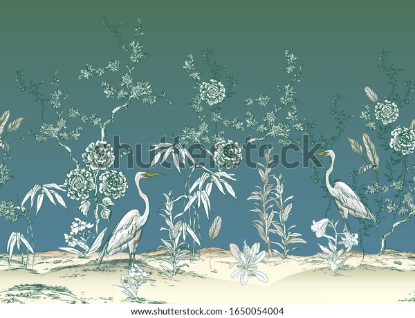 Vintage Garden Tree, Chinoiserie Exotic Crane Birds in Floral Seamless Border, White on Blue Background, Chinese Traditional living room Mural Wallpaper
