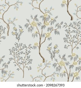 Vintage garden tree floral seamless pattern light background. Botanical chinoiserie wallpaper.