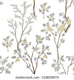 Vintage Garden Tree Floral Seamless Pattern White Background. Botanical Chinoiserie Wallpaper.