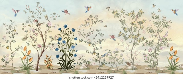 Vintage garden tree floral seamless pattern white background. Botanical chinoiserie wallpaper, Watercolor Background.