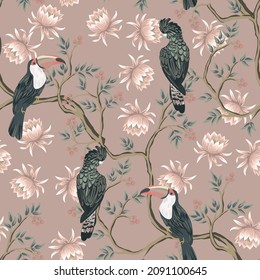 Vintage garden tree, parrot, toucan, flower lotus floral seamless pattern pink background. Exotic chinoiserie wallpaper.