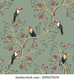 Vintage garden tree, parrot, toucan,  floral seamless pattern grey background. Exotic chinoiserie wallpaper.