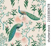 Vintage garden tree, peacock, palm leaves floral seamless pattern light background. Floral chinoiserie wallpaper.