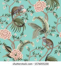 Vintage garden  tree, rose flower, monkey animal, banana leaves floral seamless pattern turquoise background. Exotic chinoiserie wallpaper.