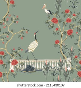 Vintage Garden Tree, Rose Flowers, Crane, Pelican Bird  Floral Seamless Pattern Grey Background. Exotic Park Wallpaper.