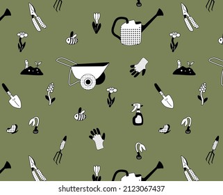 Vintage gardening tools, flowers and insects. Equipment for agricultural work on green background. 