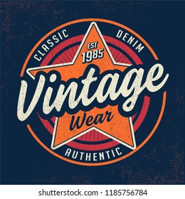 Vintage garment and denim wear graphics and Emblem with grunge background.