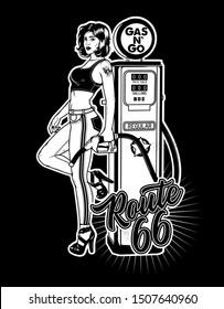 Vintage Gas Pump Pin-Up Girl. Pin-Up Girl on Gas Station. Vector Illustration.