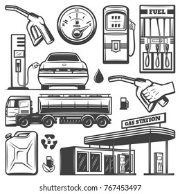 Iconos de la estación de gas de época recolección con la construcción de camión de bombona recarga del aforador de gasolina coche boquillas de combustible aislado ilustración vectorial