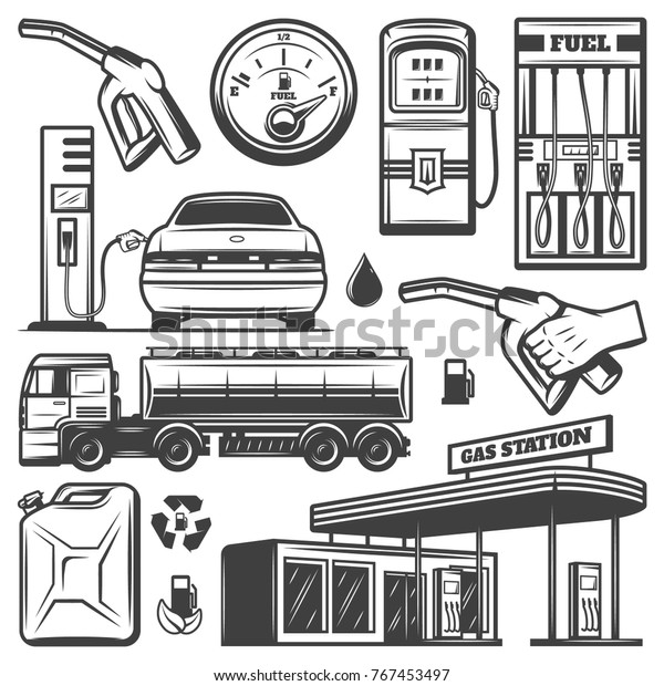 Vintage gas station icons collection with\
building canister car refilling petrol gauge truck fuel pump\
nozzles isolated vector\
illustration