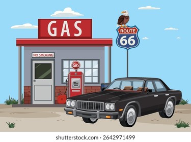 Vintage gas station scene with classic car and Route 66 sign. Bold colors and clean lines create a nostalgic atmosphere