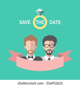 Vintage gay wedding romantic invitation card with ribbon, ring, two grooms in flat style. Save the Date homosexual invitation in vector.