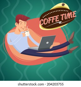 Vintage Geek Eager Beaver Symbol Man with Laptop Drinks Coffee Icon on Stylish Background Retro Cartoon Design Vector Illustration