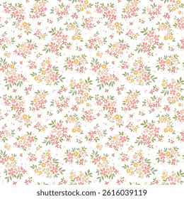 Vintage gentle floral background. Floral pattern with small pastel yellow and pink flowers on a white background. Seamless pattern for design and fashion prints. Ditsy style. Stock vector illustration