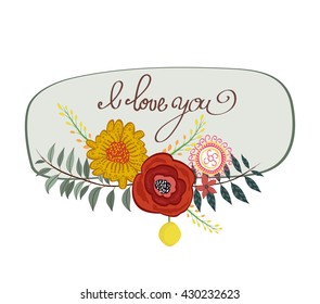 Vintage gentle spring watercolor greeting card with blooming flowers. i love you
