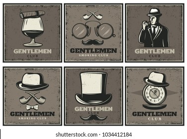 Vintage gentleman club brochures with man whiskey cigar glasses smoking pipe hats mustache clocks isolated vector illustration