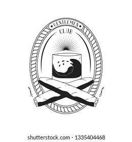 Vintage gentleman club label with cuban cigars and glass of whiskey or rum. Vector isolated illustration.