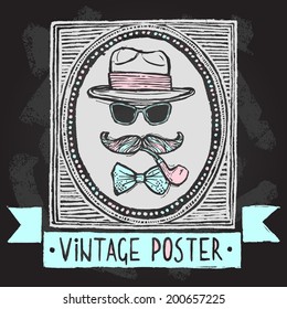 Vintage gentleman disguise set of hat sunglasses mustaches and tobacco pipe poster vector illustration