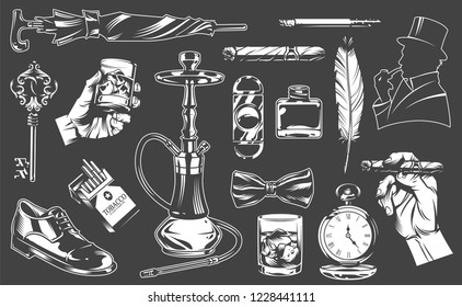 Vintage gentleman elements collection with different accessories in monochrome style vector illustration