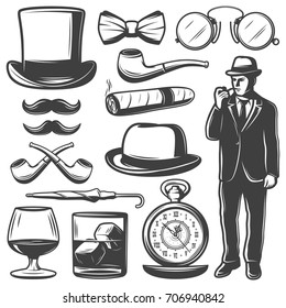 Vintage gentleman elements set with man bowler hat bow tie mustache umbrella clocks drinks glasses smoking pipe cigar isolated vector illustration