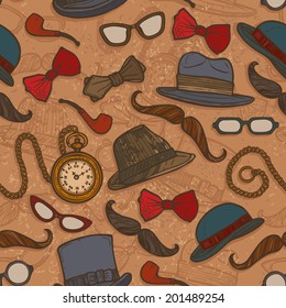 Vintage gentleman hats glasses mustaches bow tie colored seamless pattern vector illustration