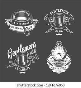 Vintage gentleman logos set with smoking pipe fedora and cylinder hats crossed umbrellas pocket watches in monochrome style isolated vector illustration