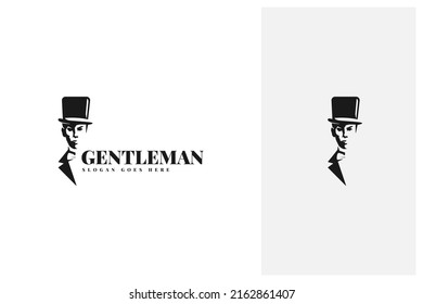 vintage gentleman mafia with fancy suit tuxedo and hat logo design in silhouette style