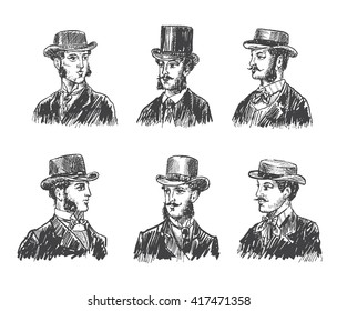 Vintage gentleman portrait set. Hand drawn vector Collection of diverse male faces. Design sketch avatar for social media or web site. Vector illustration in ancient engraving style