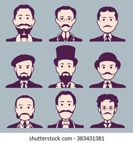 Vintage gentleman portrait set. Retro Collection of diverse male faces. Design flat avatar for social media. Vector illustration.