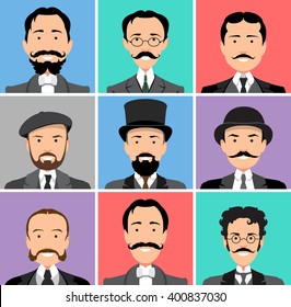 Vintage gentleman portrait set. Retro Collection of diverse male faces. Design flat avatar for social media. Vector illustration.