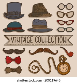 Vintage gentleman set of hats glasses mustaches and tobacco pipe stickers isolated vector illustration