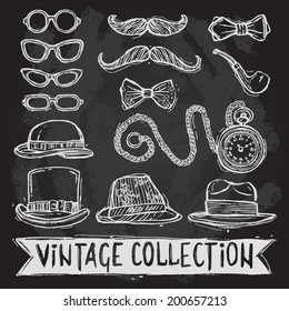 Vintage gentleman set of hats glasses mustaches and bow tie decorative elements isolated vector illustration