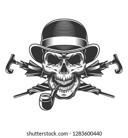 Vintage gentleman skull in fedora hat smoking pipe with crossed umbrellas isolated vector illustration