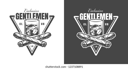 Vintage gentleman triangular monochrome logo with crossed cuban cigars glass of whiskey and ice cubes isolated vector illustration