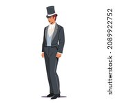 Vintage Gentleman Wearing Top Hat Isolated on White Background. Male Character in Ancient Elegant Costume, Victorian English Man Retro Fashion Isolated on White Background. Cartoon Vector Illustration