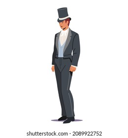 Vintage Gentleman Wearing Top Hat Isolated on White Background. Male Character in Ancient Elegant Costume, Victorian English Man Retro Fashion Isolated on White Background. Cartoon Vector Illustration