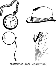 Vintage gentleman's accessories, gentleman clipart, hand drawn illustrations, chain watch, pocket watch, monocle, hat, jacket, suit, costume