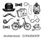 Vintage gentleman's accessories. Retro style ink drawing set isolated on white background.