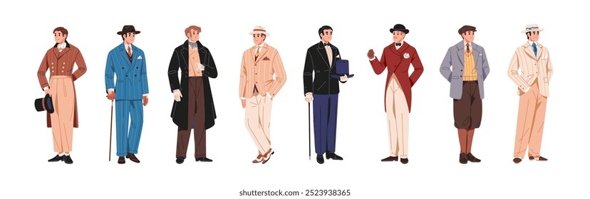 Vintage gentlemen of 20th century set. English aristocrats in retro costumes. Victorian british men in hat, suit, coat. Rich noblemen with cane. Flat isolated vector illustrations on white background