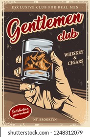 Vintage gentlemen club advertising template with male hand holding glass of whiskey and ice cubes vector illustration