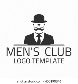 Vintage gentlemen club emblem. Men's club vector logo design template. Creative logo gentleman with a mustache, hat and glasses.