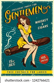 Vintage gentlemen party poster with pretty girl sitting on cuban cigar vector illustration