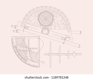 Vintage geodetic, marine and astronomical measuring instruments. Vector clip art.