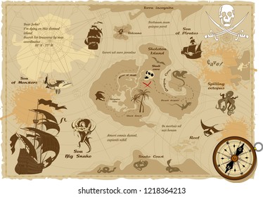 Vintage geographical map showing hidden pirate treasure, vector

